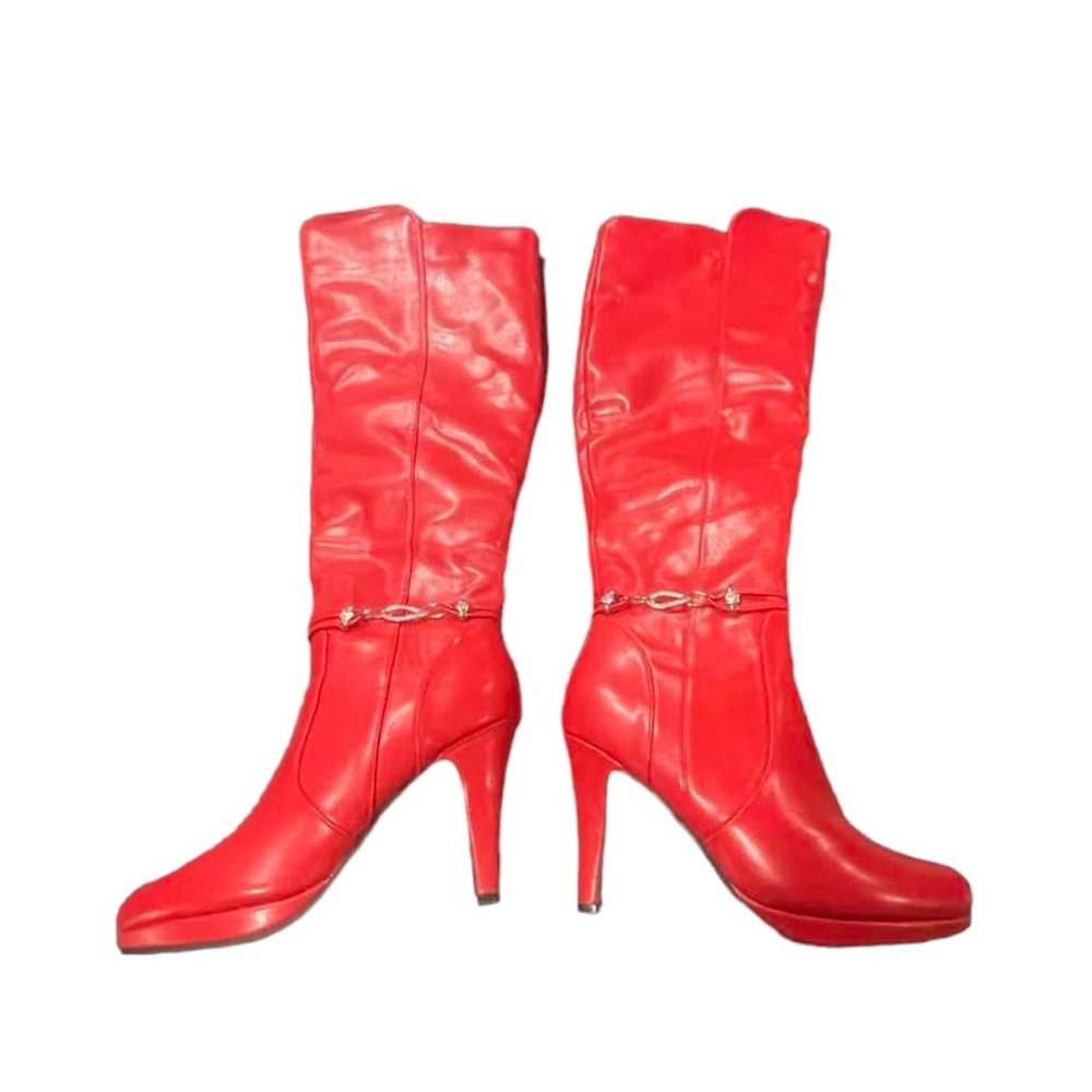 Dream Pairs Soft Tall Red Faux Leather High Heel Boots with Jewel Detail